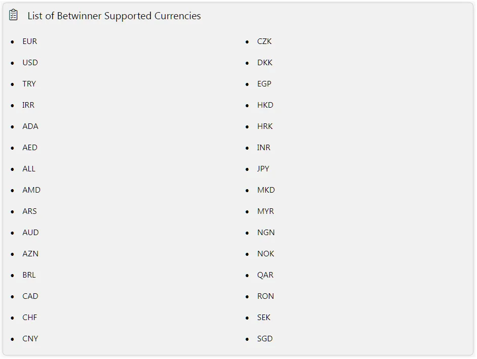 BetWinner currencies