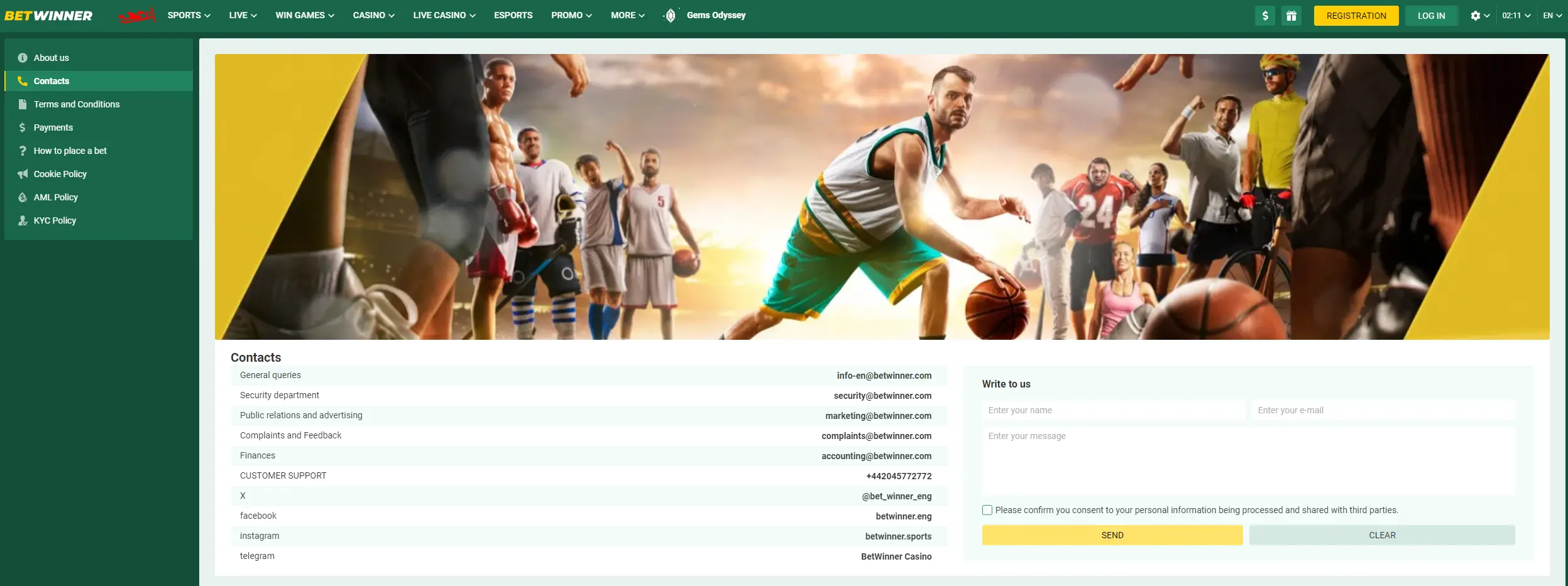 BetWinner contacts page
